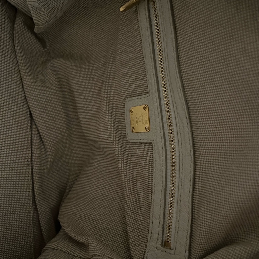 MCM Pebbled Cream Leather Satchel with Gold Stud Accents - Picture 10 of 16